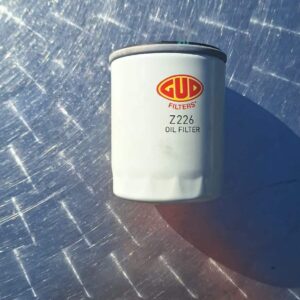 Front view of a new cylindrical oil filter designed for Fiat Panda, Palio, and Sienna models.Front view of a n