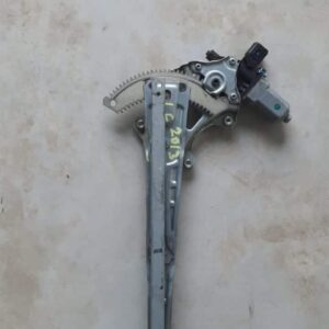 Left front door window regulator mechanism viewed from the side, showing metal frame and cables.Left front doo