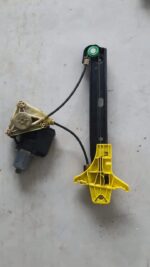 Right rear window regulator mechanism for VW Polo 6, shown from an angled side view.Right rear window regulato