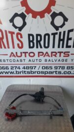 Front view of a used Ford Mondeo car window mechanism with metal and plastic components visible.Front view of