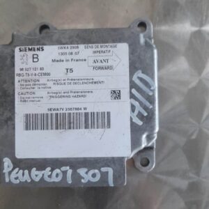 Front-facing view of Peugeot 307 airbag module with wiring harness and connector attached.Front-facing view of