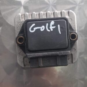 Top view of a used VW Golf 1 electronic control module with visible connectors and wiring harness.Top view of