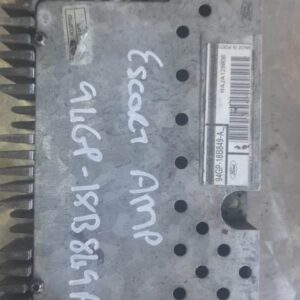 Front view of Ford Escort car amplifier showing connectors and mounting points on a plain background.Front vie