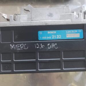 Front angled view of ABS control unit for Mercedes W201 W124 showing wiring connectors and metal casing.Front
