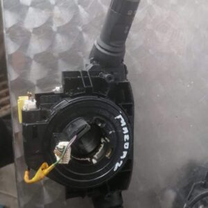 Front angle view of a black combination switch/stalk for Mazda 2, showing lever and wiring connector.Front ang