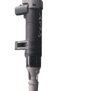 Front angle of a single black ignition coil for Renault Scenic displayed on a white background.Front angle of