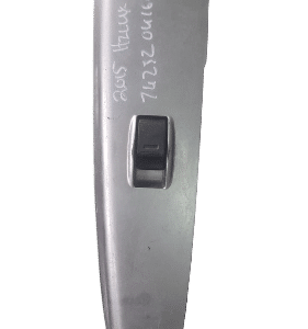 Front view of a black car window switch panel with two main toggle buttons and one smaller button.Front view o