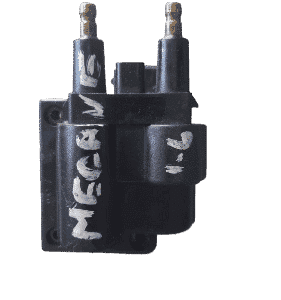 Front view of a Renault Megane 1.6 ignition coil with electrical connector and mounting points visible.Front v