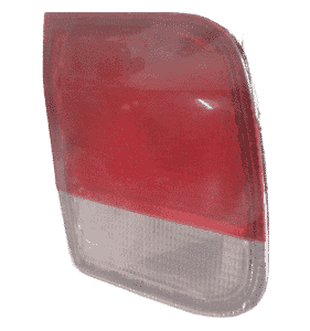 Inner taillight lens viewed from the front, showing clear and red sections, isolated on white background.Inner