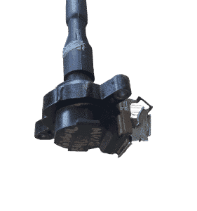 Front angle view of a used ignition coil for BMW E46 with visible connector and coil housing.Front angle view