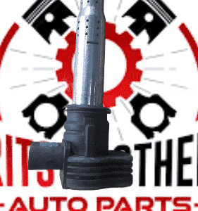 Front view of a used ignition coil for Audi A4, showing electrical connector and mounting points clearly.Front