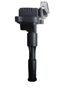 Front view of a new black automotive ignition coil with connector and mounting points against white background