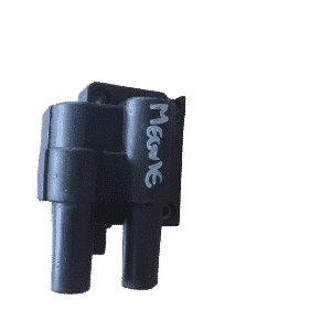 Front-angle view of a new ignition coil designed for Renault Megane vehicles on a white background.Front-angle