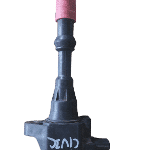 Front angled view of a new ignition coil for Honda Civic with integrated connector and mounting points.Front a