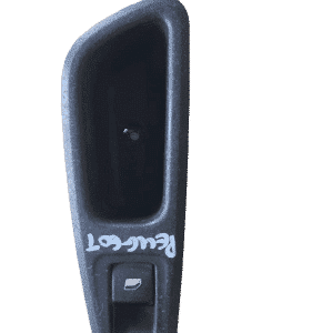 Front view of a black Peugeot car window switch with control buttons, clean and clear on a white background.Fr