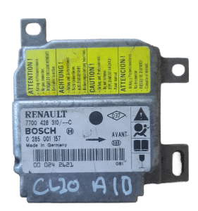 Front view of a Renault Clio airbag control module showing the main connector and mounting pointsFront view of