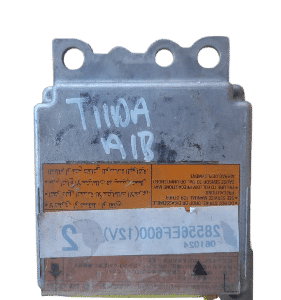 Front view of used Nissan Tiida aircon control module with clear buttons and display panel.Front view of used
