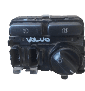Front angle of used Volvo XC90 headlight fog light switch showing buttons and control dial on black panelFront