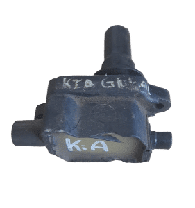 Front angle view of a new ignition coil for Kia vehicles isolated on white background.Front angle view of a ne