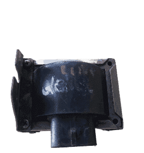 Front view of a used ignition coil for a VW Polo displayed on a white background.Front view of a used ignition