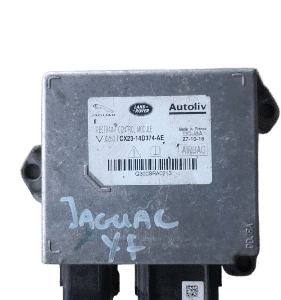 Front-facing view of a Jaguar XF airbag control unit, clean and intact without visible damage.Front-facing vie