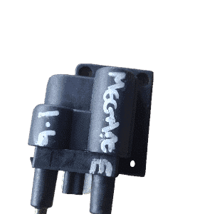 Used ignition coil for Renault Megane 1.6 16V, front view showing electrical connectors and coil body.Used ign