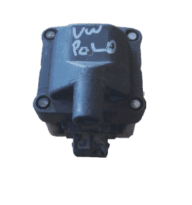 Front-left angled view of a new ignition coil for VW Polo against a white background.Front-left angled view of