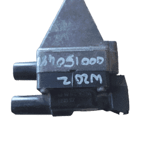 Front view of a new ignition coil for Mercedes W202 on a clean white background.Front view of a new ignition c