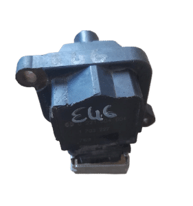 Front-facing view of a BMW E46 ignition coil on a plain white background, clean and detailed.Front-facing view
