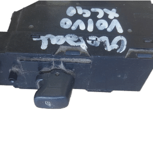 Front view of a black Volvo XC90 driver side window control switch panel against white backgroundFront view of