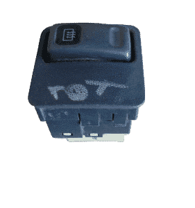 Close-up front view of a new black rectangular demister switch with a smooth surface and mounting clips.Close-
