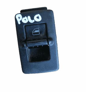 Front angle view of a new car window switch panel for VW Polo showing four buttons and black housing.Front ang
