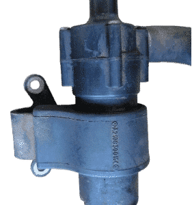 Front angle view of a metallic heater valve for a Mercedes W210, isolated on white background.Front angle view
