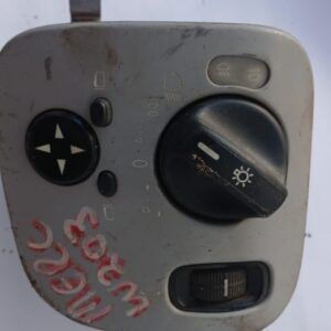 Used Mercedes W203 headlight switch shown front-on with control knob and part number visible.Used Mercedes W20