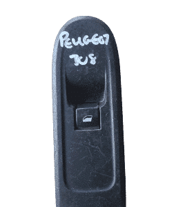 Front view of a black car window switch control panel for Peugeot 308 displayed on white background.Front view