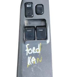 Front-facing view of a main window switch for Ford Ka in used condition on a white background.Front-facing vie