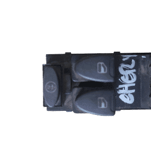 Front angle of a new cherry red car window control switch with four buttons and a textured finish.Front angle