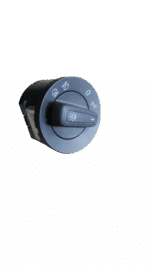 Front angle view of a VW Polo headlight switch featuring control dial and mounting bracket.Front angle view of