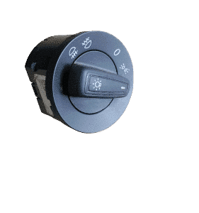 Front angle view of a VW Polo headlight switch featuring control dial and mounting bracket.Front angle view of
