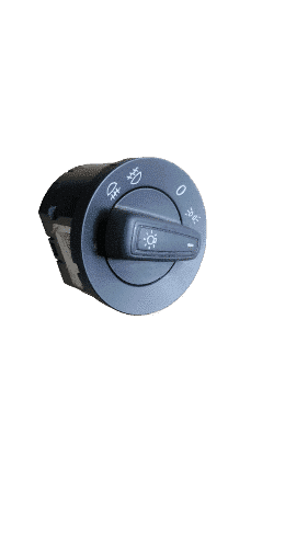 Vw Polo Headlight Switch Front angle view of a VW Polo headlight switch featuring control dial and mounting bracket.Front angle view of