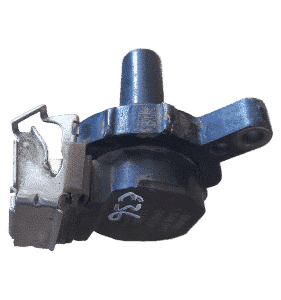 Front view of a BMW E36 ignition coil showing the top and side connectors on a white background.Front view of