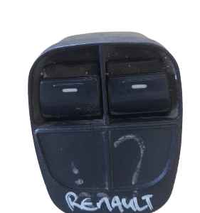 Front angled view of a black main window switch for Renault Scenic, new condition.Front angled view of a black