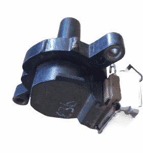 Close-up of a new ignition coil for BMW E36, front view showing cylindrical top and connector plug.Close-up of