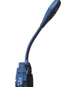 Front view of a combination switch stalk angled slightly upward, featuring two levers and buttons on a black h