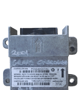 Front angle view of a used Jeep Grand Cherokee air bag control module with electrical connectors visible.Front