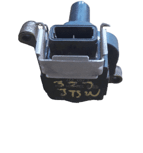 Front-facing ignition coil for BMW E36 323i, shown isolated on white background.Front-facing ignition coil for