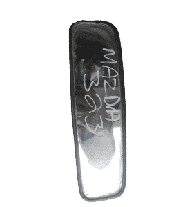 Inner rear view mirror for Mazda 323 shown from front angle on white background.Inner rear view mirror for Maz