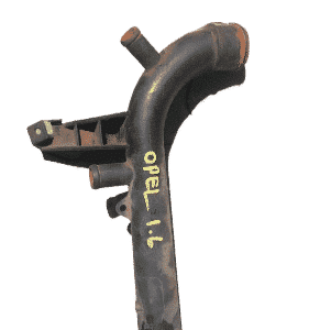 Front-left angled view of a 1.6 engine water pipe, clean and ready for installation.Front-left angled view of