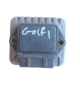 Front-facing view of a VW Golf 1 electronic control module in new condition.Front-facing view of a VW Golf 1 e