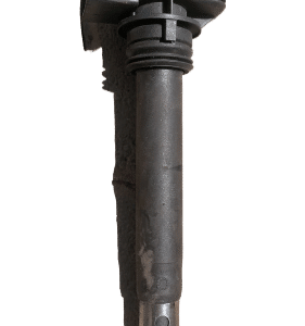 Front view of a single ignition coil for select Audi models, clean and new condition shown.Front view of a sin